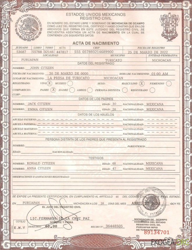 Modèle d'acte de naissance au Mexique au format PSD